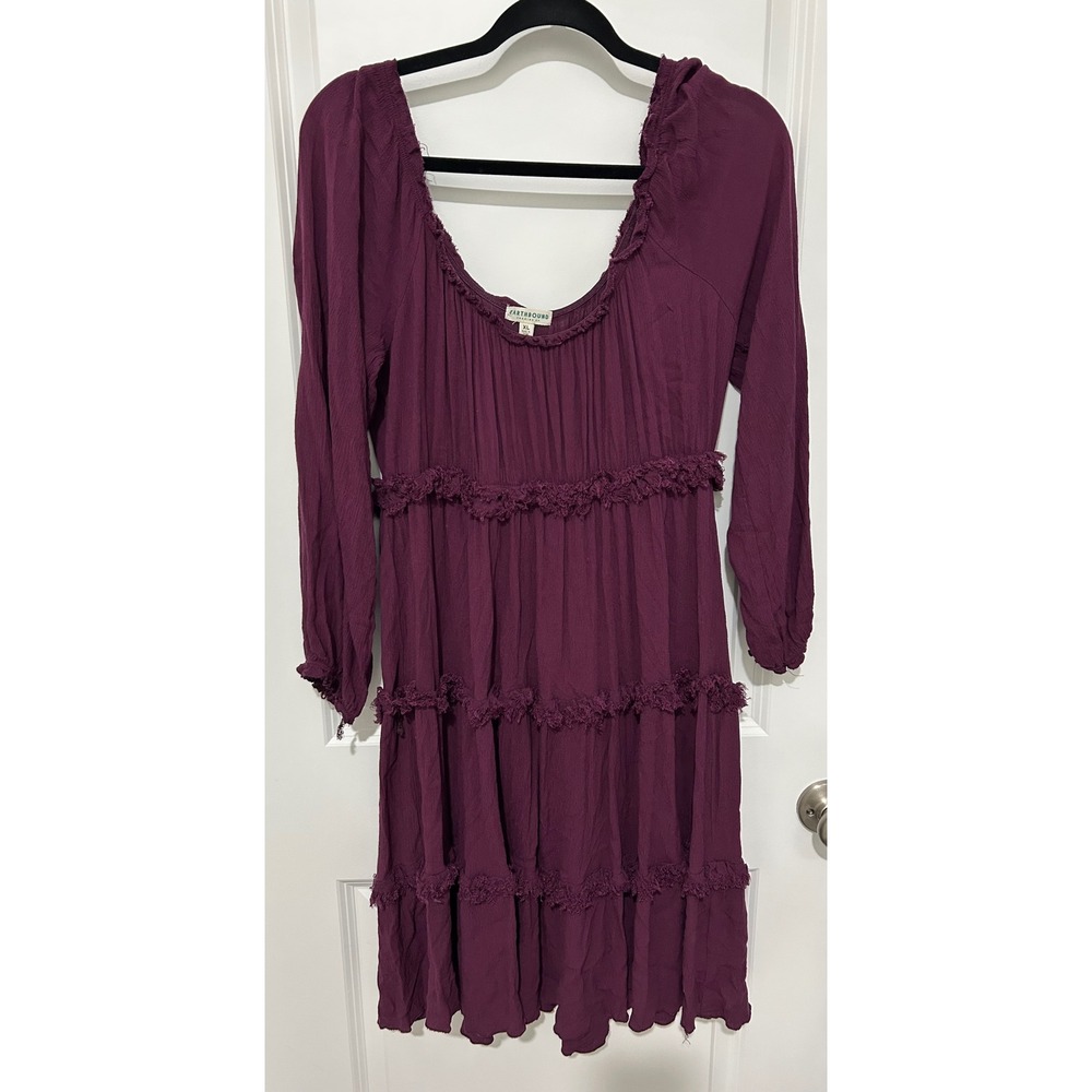 Earthbound Trading Co Burgundy Tiered Ruffle Long Sleeve Mini‎ Dress XL Boho